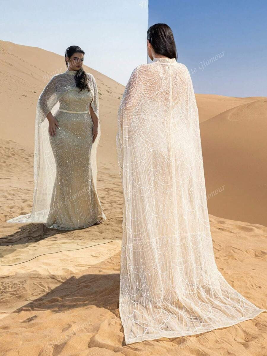 Faeriesty Abito da sera con collo alto, maniche a mantella, coda di pesce, con sovrapposizione drammatica e ricami intricati, adatto per red carpet, matrimoni in smoking, cerimonie di premiazione