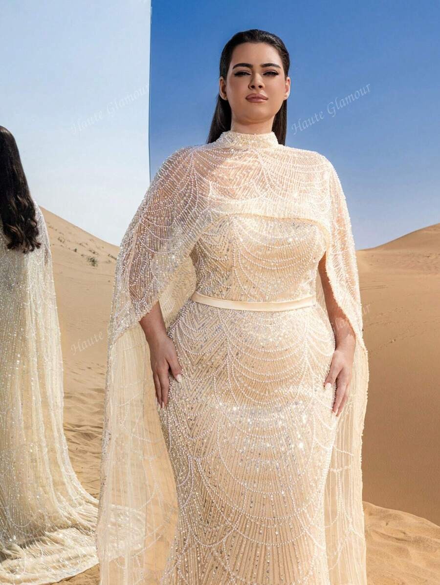 Faeriesty Abito da sera con collo alto, maniche a mantella, coda di pesce, con sovrapposizione drammatica e ricami intricati, adatto per red carpet, matrimoni in smoking, cerimonie di premiazione
