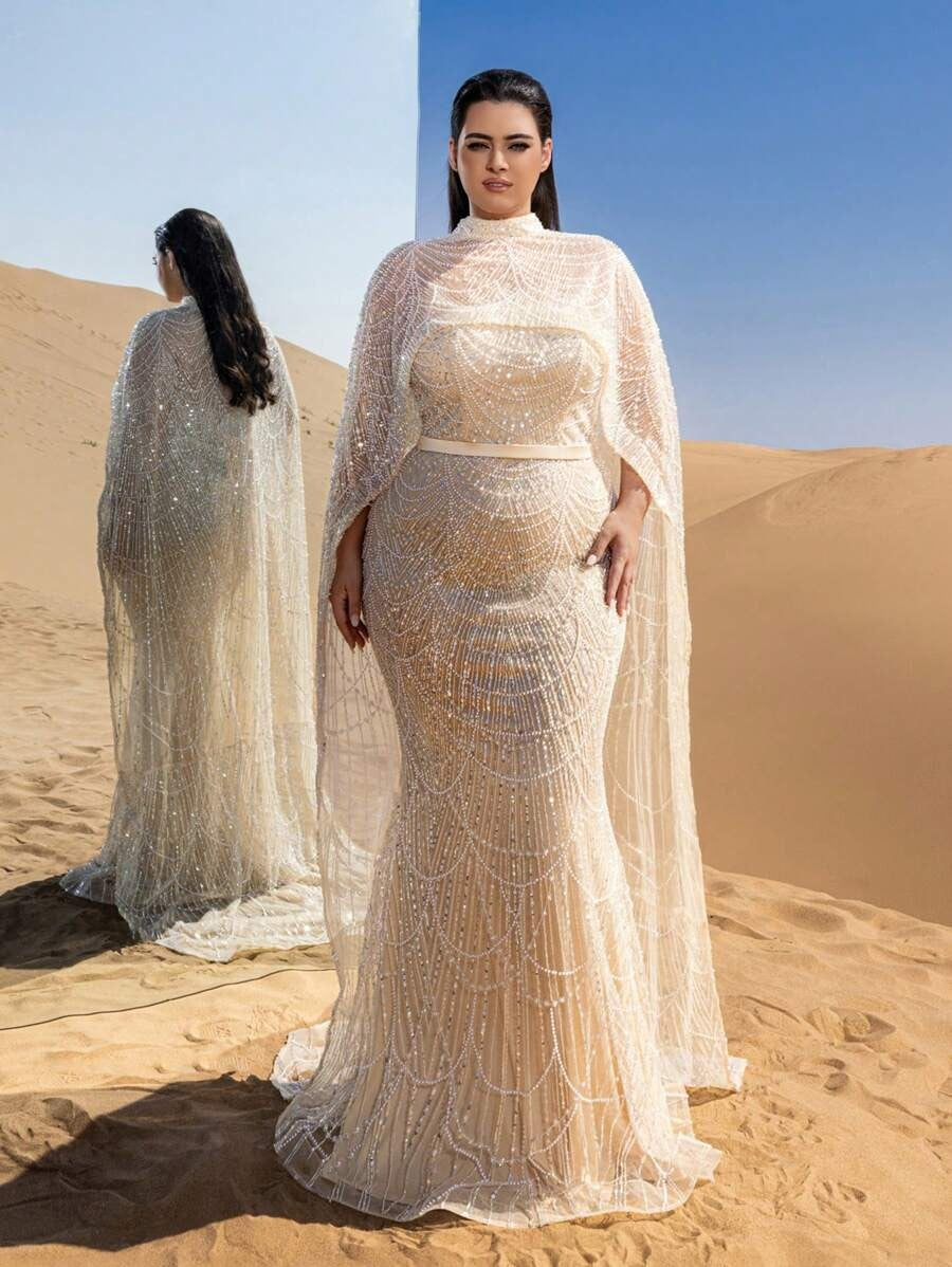 Faeriesty Abito da sera con collo alto, maniche a mantella, coda di pesce, con sovrapposizione drammatica e ricami intricati, adatto per red carpet, matrimoni in smoking, cerimonie di premiazione