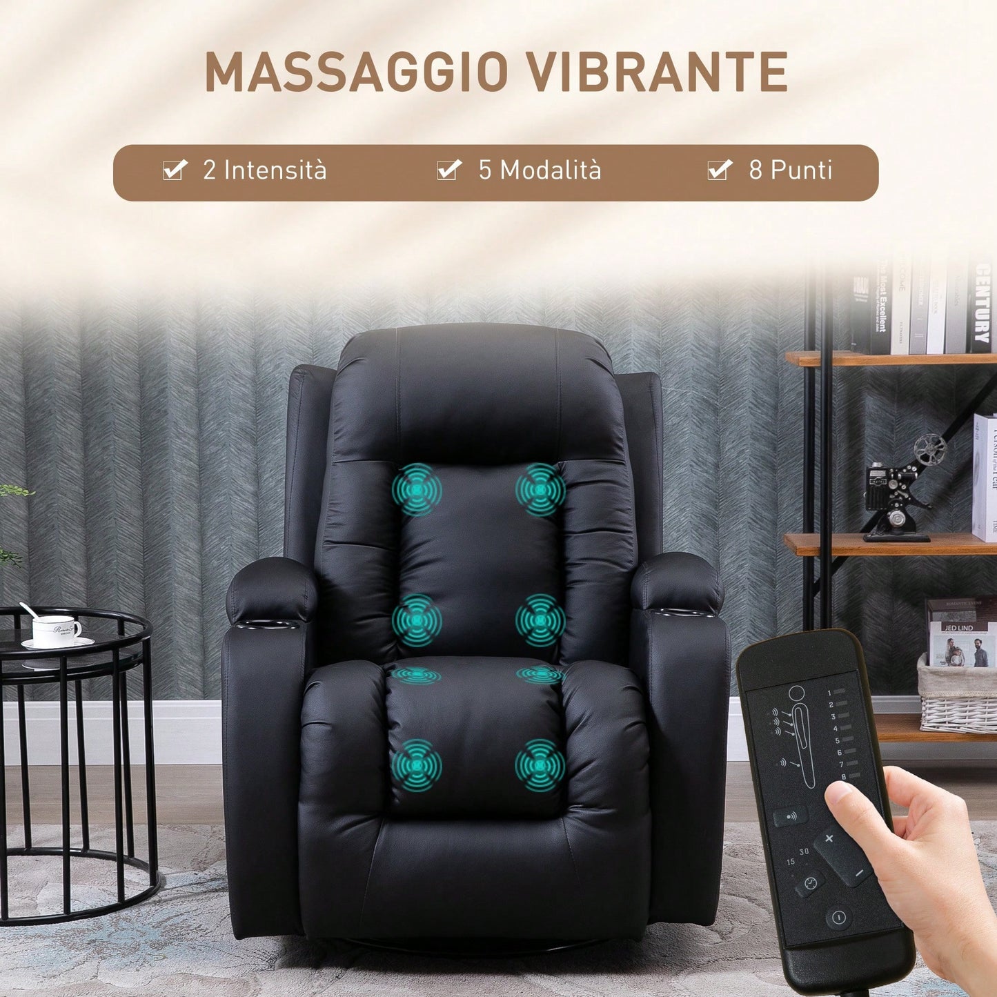 HOMCOM Poltrona Relax Massaggiante Riscaldante, Poltrona Reclinabile fino a 150° in Finta Pelle con 8 Punti di Massaggio e Telecomando, 85x94x104cm