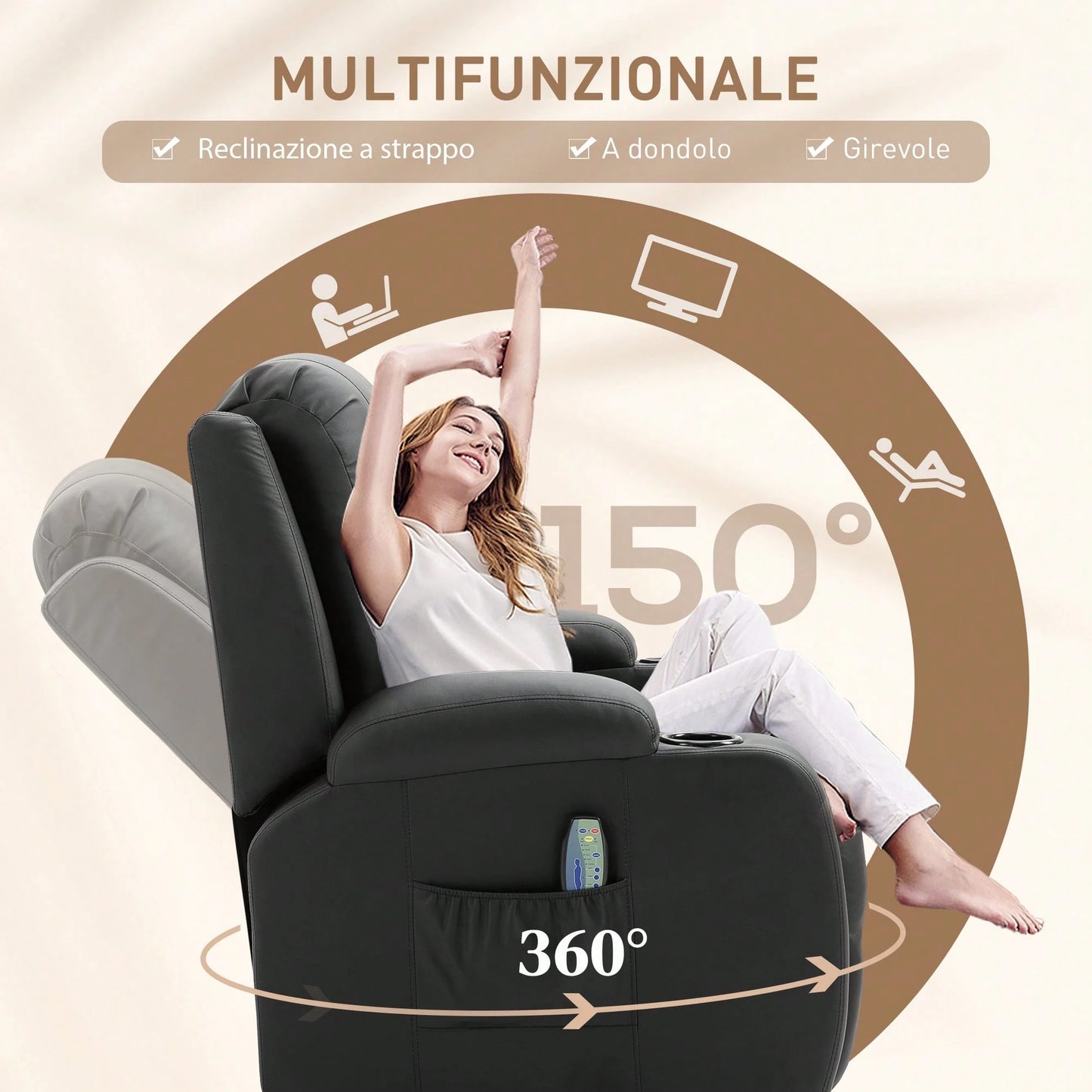 HOMCOM Poltrona Relax Massaggiante Riscaldante, Poltrona Reclinabile fino a 150° in Finta Pelle con 8 Punti di Massaggio e Telecomando, 85x94x104cm