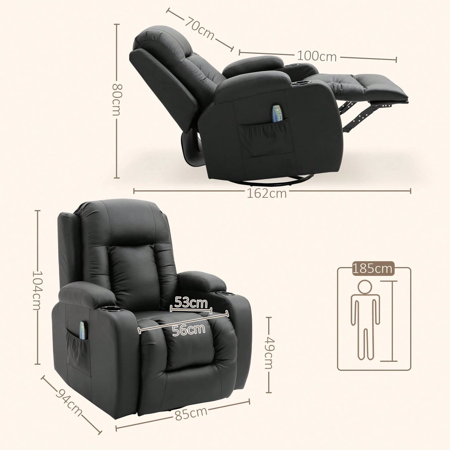 HOMCOM Poltrona Relax Massaggiante Riscaldante, Poltrona Reclinabile fino a 150° in Finta Pelle con 8 Punti di Massaggio e Telecomando, 85x94x104cm