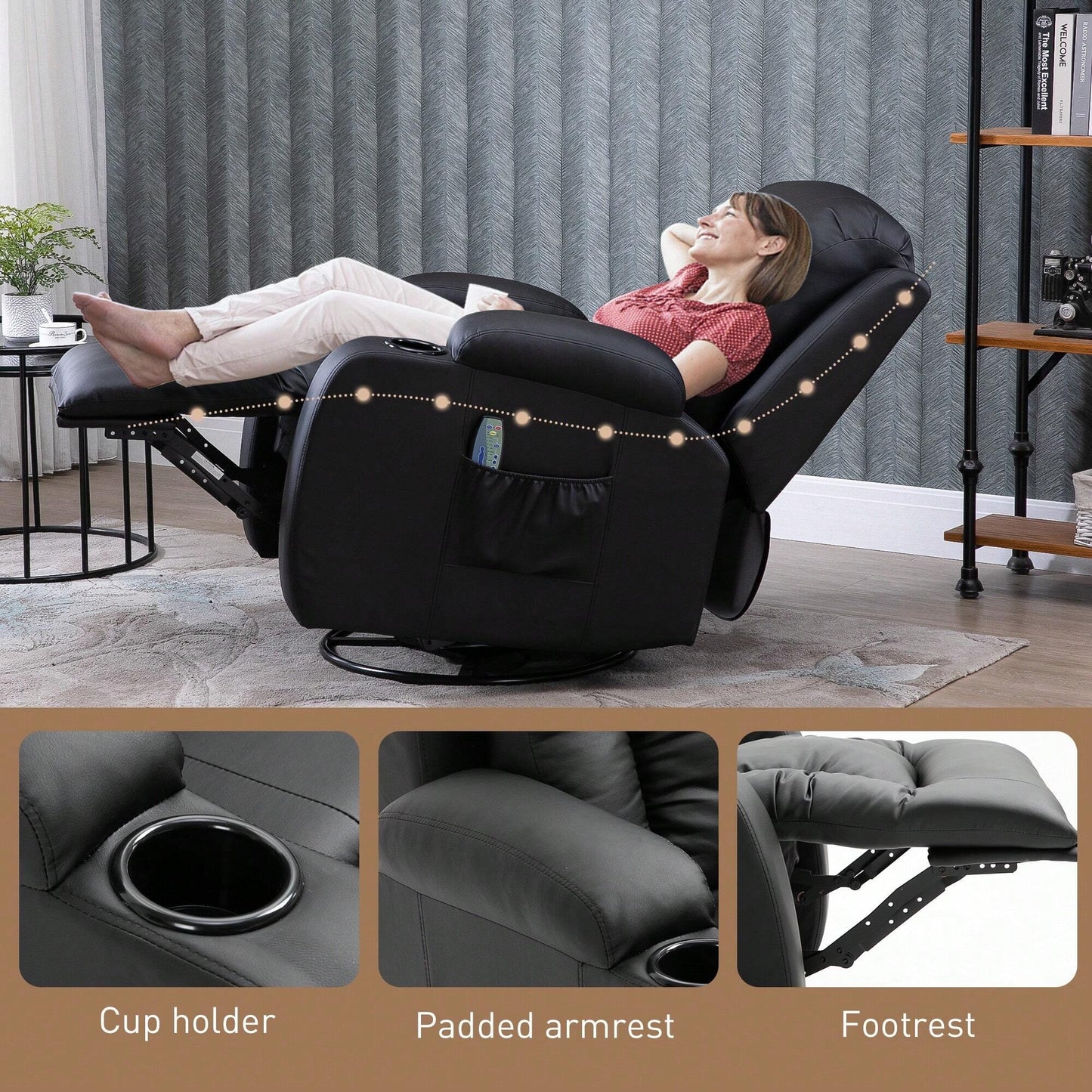 HOMCOM Poltrona Relax Massaggiante Riscaldante, Poltrona Reclinabile fino a 150° in Finta Pelle con 8 Punti di Massaggio e Telecomando, 85x94x104cm