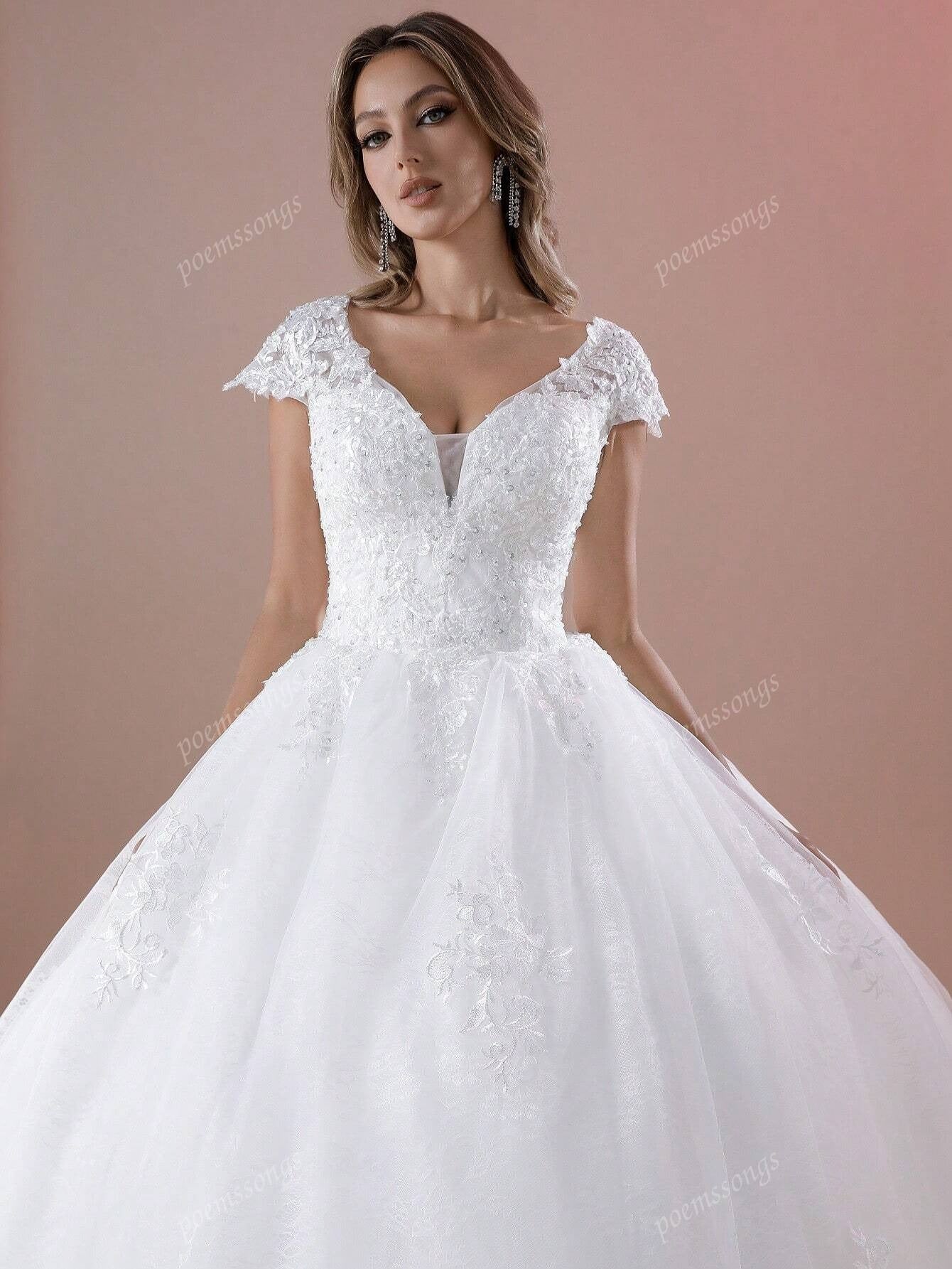 Elegante abito da sposa con maniche a cappuccio, scollo a V, decorato con perline e applicazioni, a palloncino (il copripettorina non è incluso), per la sposa