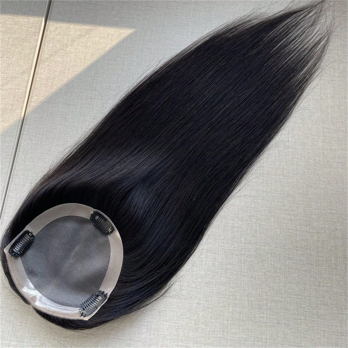 Copricapo in capelli umani con attacco molletta, senza riga centrale, per donne, copricapo invisibile in mono basi in capelli umani 5x5 pollici, colore naturale