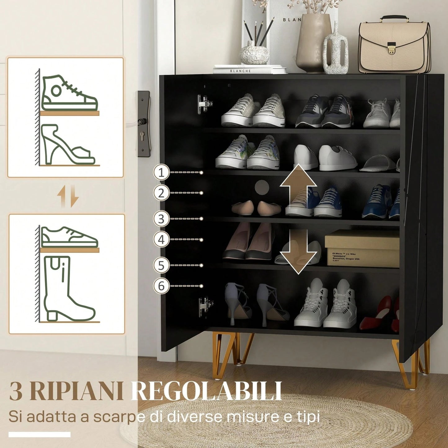 HOMCOM Scarpiera Salvaspazio a 2 Ante per 15-20 Paia di Scarpe, Mobile Scarpiera con Ripiani Regolabili e Chiusura Ammortizzata