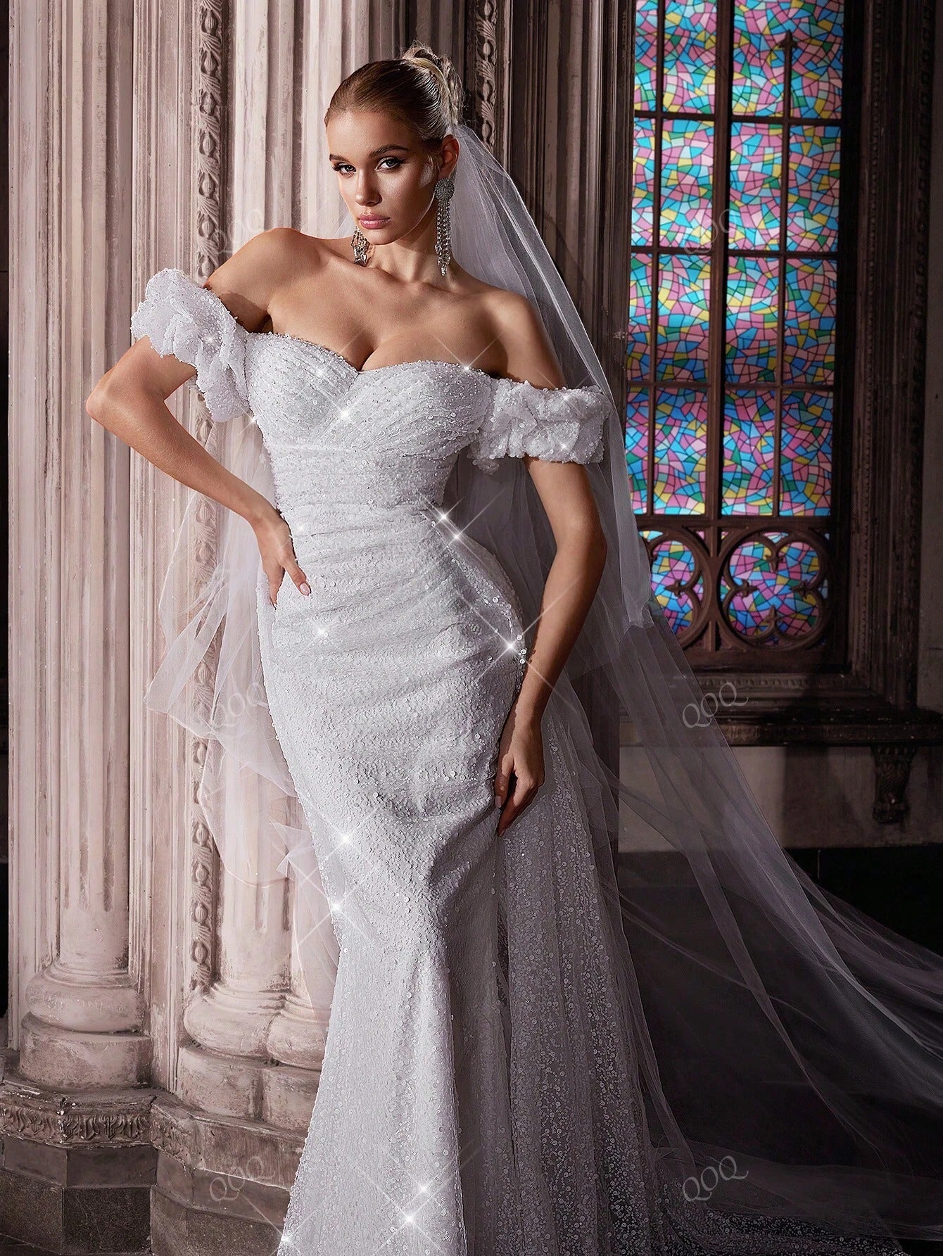 QOQ Abito da sposa da dea, abito lungo elegante e romantico da donna, adatto per matrimoni, eventi formali, feste di matrimonio, cene, servizi fotografici per matrimoni