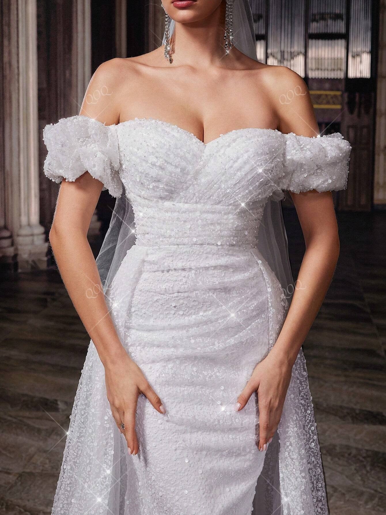 QOQ Abito da sposa da dea, abito lungo elegante e romantico da donna, adatto per matrimoni, eventi formali, feste di matrimonio, cene, servizi fotografici per matrimoni