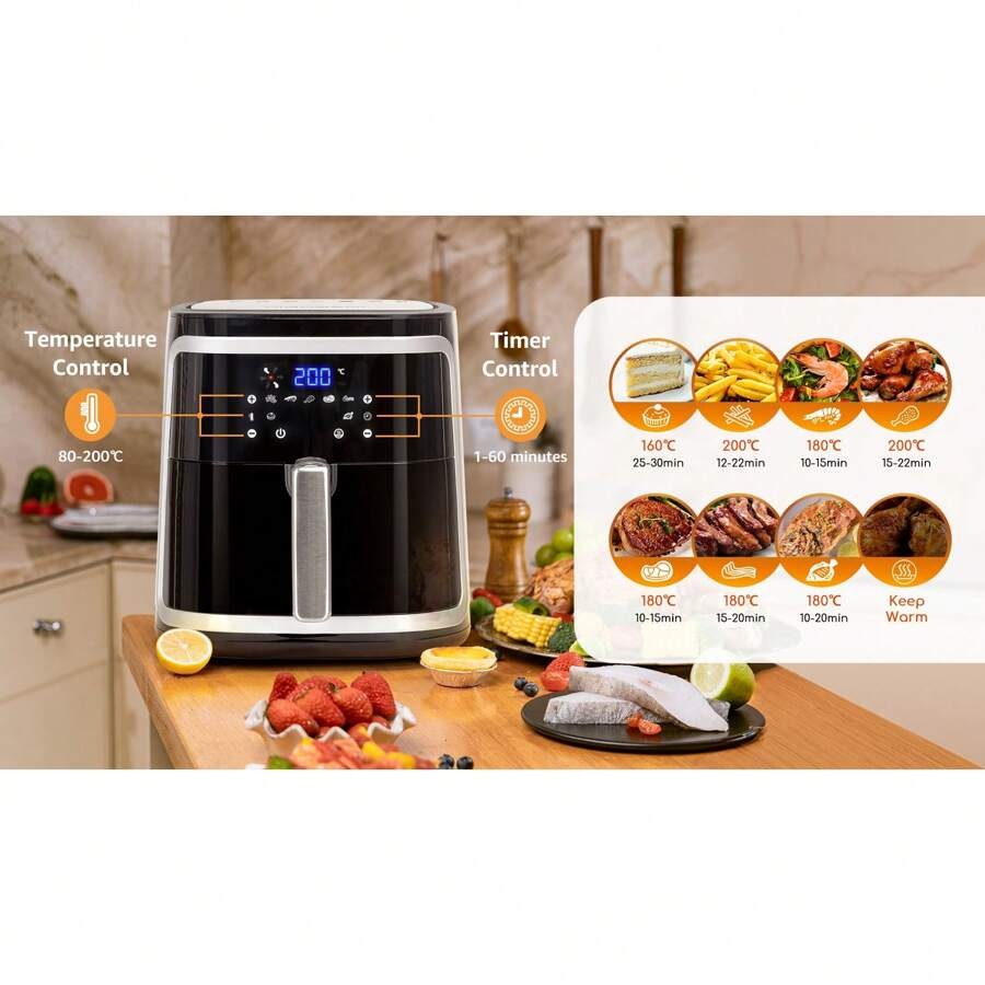 Aigostar Friggitrice ad Aria 7-in-1, 1900W, 7L, Pannello touch a led, 7 Scelte già programmate, Forno, Arrostire, Cestello removibile anti aderente, Mantenimento calore, 20- Ricette