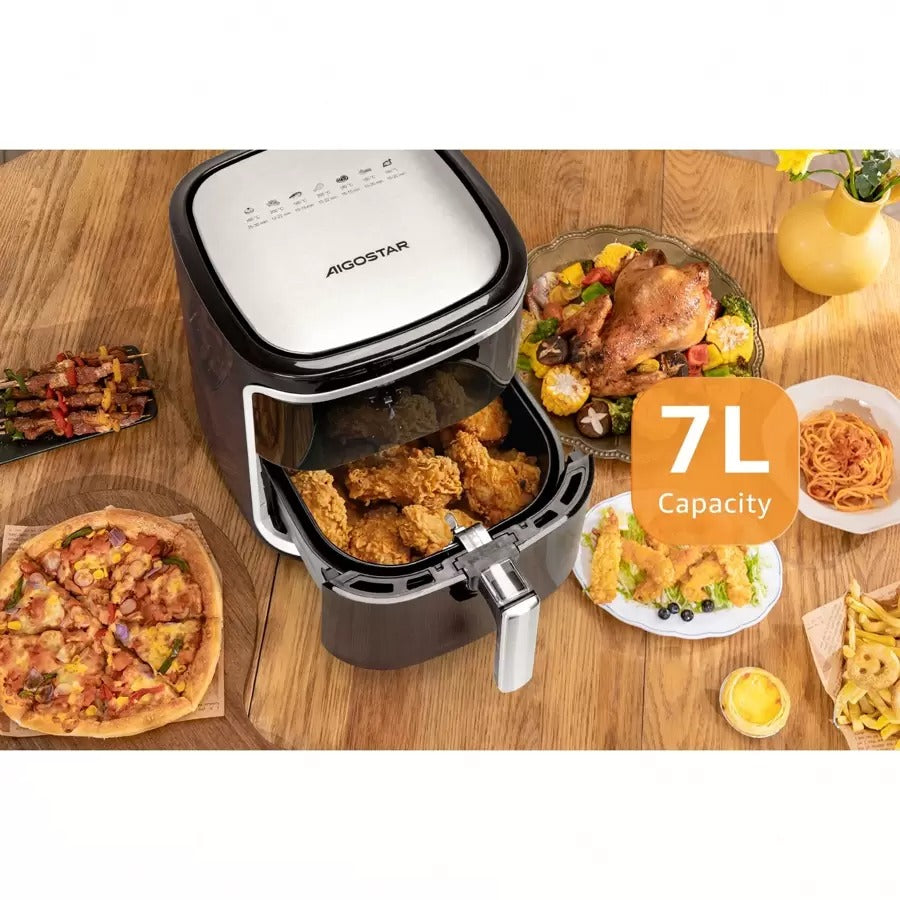 Aigostar Friggitrice ad Aria 7-in-1, 1900W, 7L, Pannello touch a led, 7 Scelte già programmate, Forno, Arrostire, Cestello removibile anti aderente, Mantenimento calore, 20- Ricette