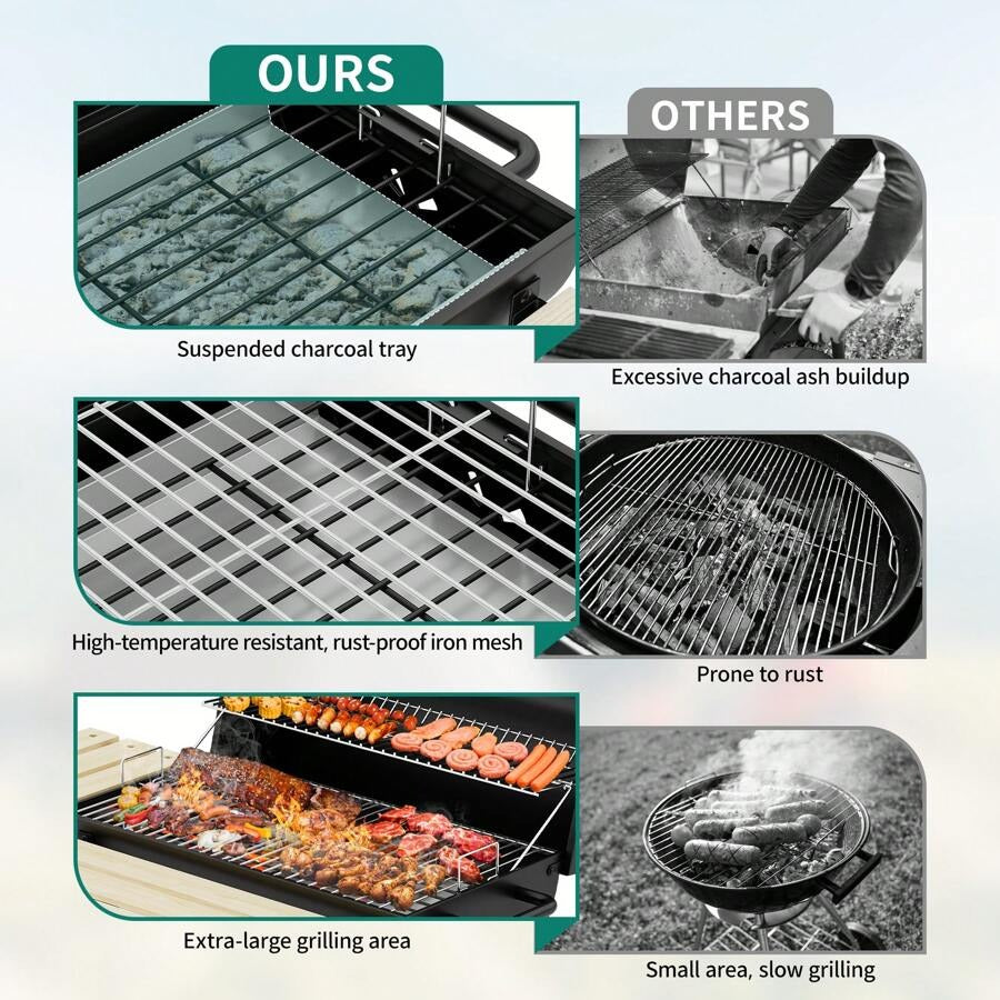 Barbecue a carbone portatile L, Griglia con vassoio per carbone regolabile in altezza e termometro per feste, campeggio, patio e giardino. Inclusi utensili da cucina