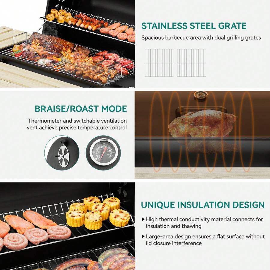 Barbecue a carbone portatile L, Griglia con vassoio per carbone regolabile in altezza e termometro per feste, campeggio, patio e giardino. Inclusi utensili da cucina