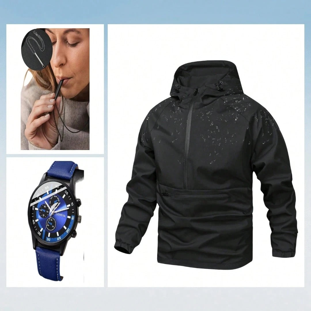 Giacca antivento a mezza chiusura lampo a prova d'acqua casual e versatile da uomo, leggera nera a fascia lunga per esterni, adatta come regalo per Friend, Husband, Boyfriend