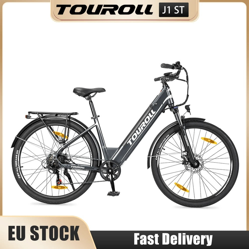 Touroll J1 ST Bicicletta da turismo con motore da 250 W, ruote da 27,5 pollici, batteria da 561,6 Wh, autonomia di 100 km, freno a disco meccanico e freno elettrico (nero)