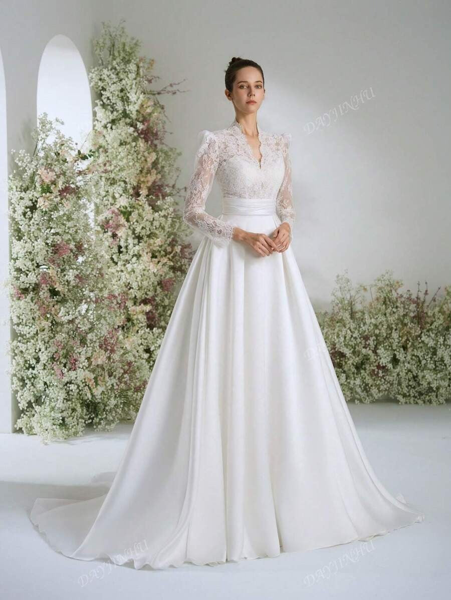 Abito da sposa elegante, stile Bridgeton, con scollo a V, in pizzo bianco vintage, maniche lunghe, linea a palloncino, per donne, abito da sposa linea A con strascico