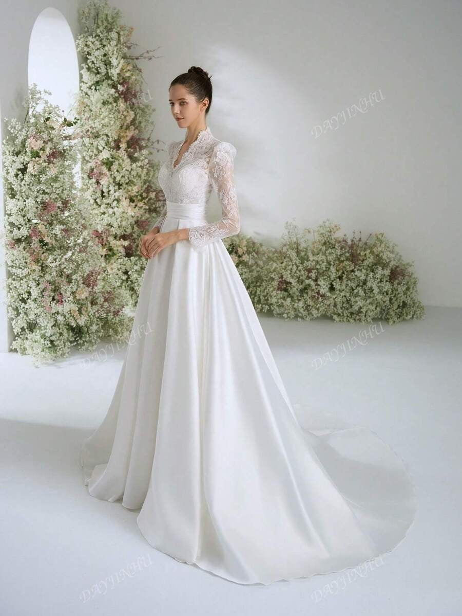 Abito da sposa elegante, stile Bridgeton, con scollo a V, in pizzo bianco vintage, maniche lunghe, linea a palloncino, per donne, abito da sposa linea A con strascico
