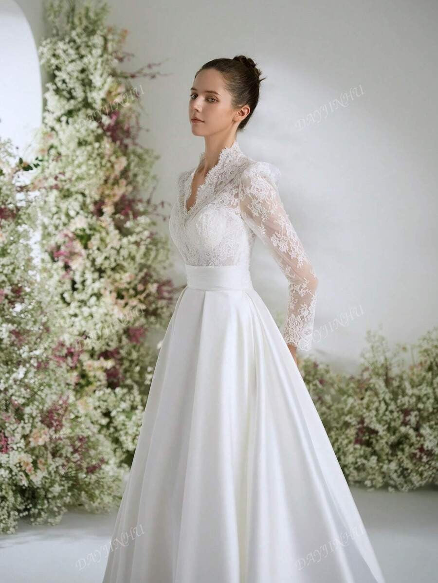 Abito da sposa elegante, stile Bridgeton, con scollo a V, in pizzo bianco vintage, maniche lunghe, linea a palloncino, per donne, abito da sposa linea A con strascico