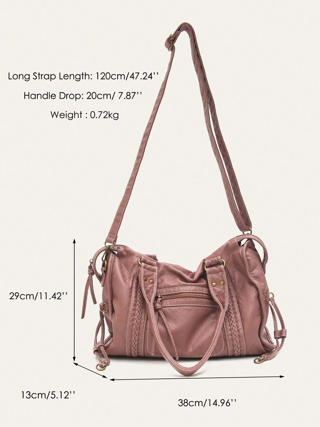Borsa a tracolla unisex in stile street retrò e casual, in morbida pelle vegana trattata con spazzola, con chiusura lampo, tasche con chiusura lampo, decorazioni intrecciate, ampia capacità
