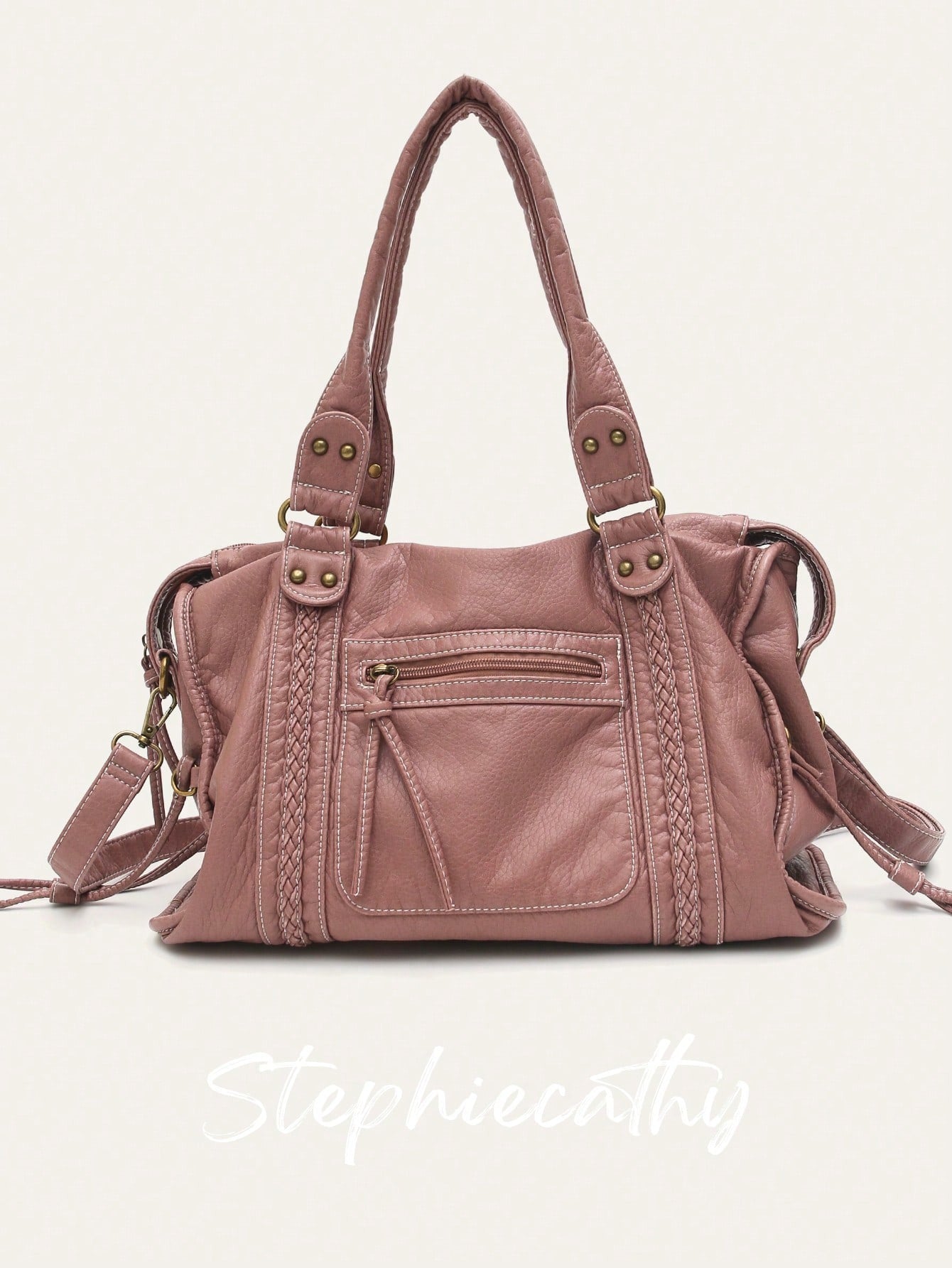 Borsa a tracolla unisex in stile street retrò e casual, in morbida pelle vegana trattata con spazzola, con chiusura lampo, tasche con chiusura lampo, decorazioni intrecciate, ampia capacità