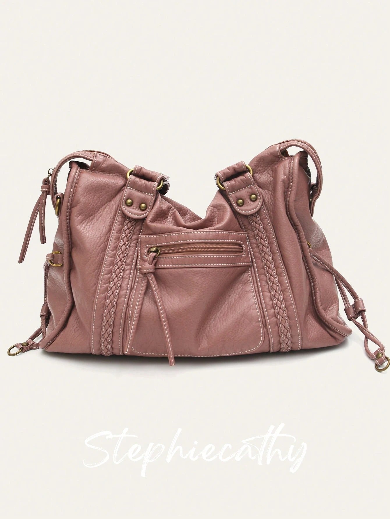 Borsa a tracolla unisex in stile street retrò e casual, in morbida pelle vegana trattata con spazzola, con chiusura lampo, tasche con chiusura lampo, decorazioni intrecciate, ampia capacità
