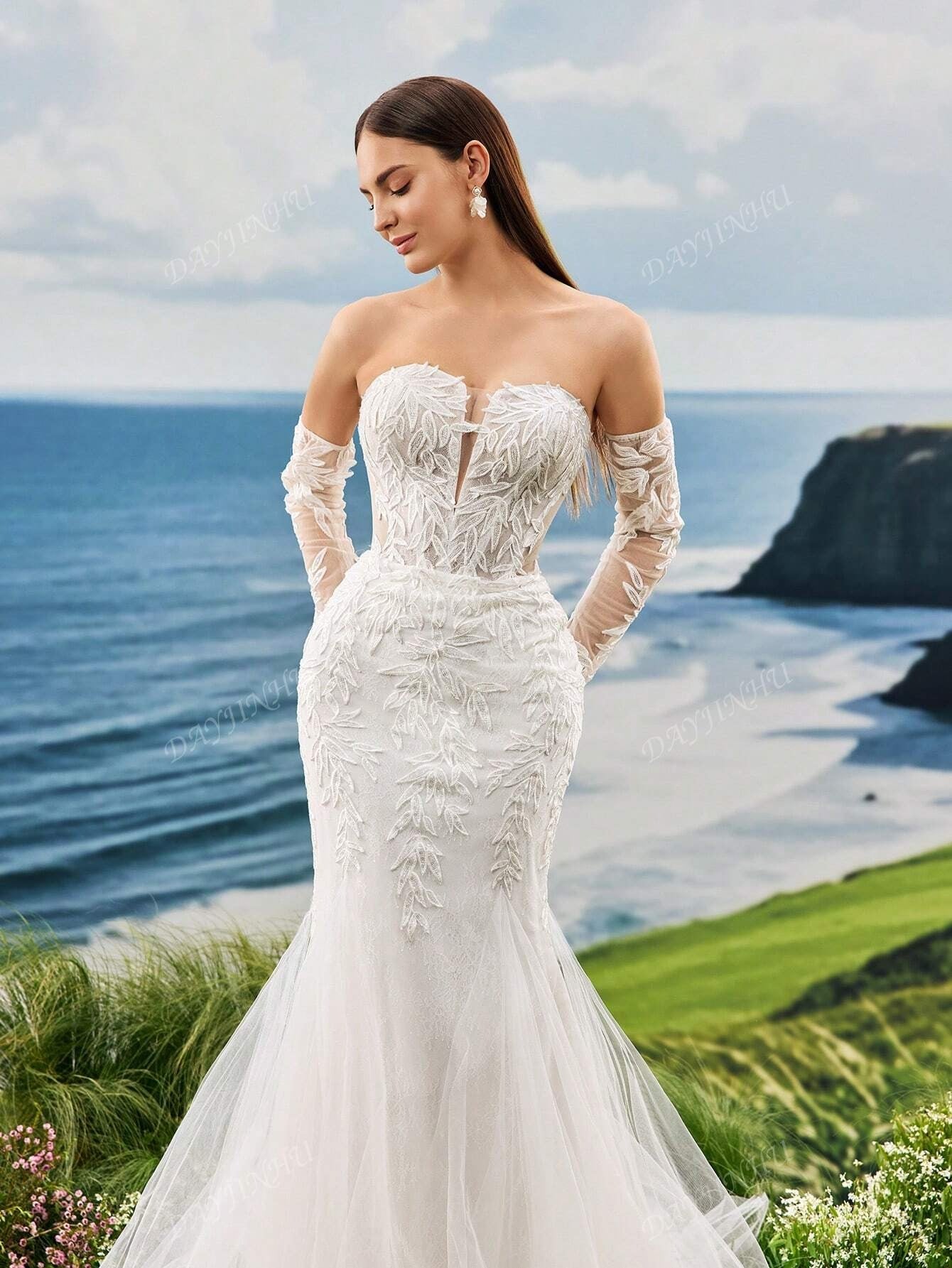 Abito da sposa lungo con strascico, senza spalline, in pizzo ricamato con perle, stile sirena, maniche lunghe, elegante e romantico, adatto per matrimoni