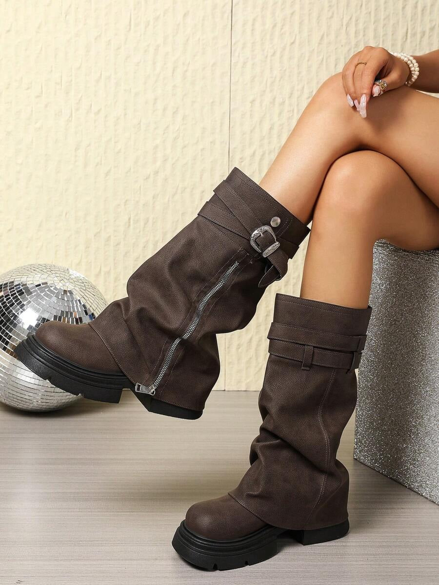 Stivaletti alla caviglia con cerniera e decorazione metallica, suola spessa, punta quadrata, casual, adatti per festival musicali di strada, design versatile e di moda per le donne