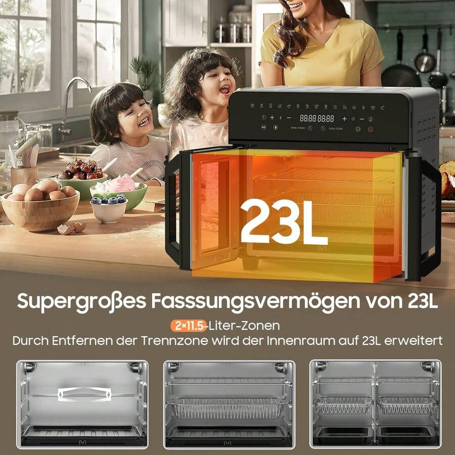 iceagle Friggitrice ad aria calda iceagle 23L Doppia Zona - Friggitrice ad aria XXL con porta francese | Forno friggitrice ad aria calda con doppia camera, 15 programmi, 2200 W, 12 accessori, divisorio rimovibile