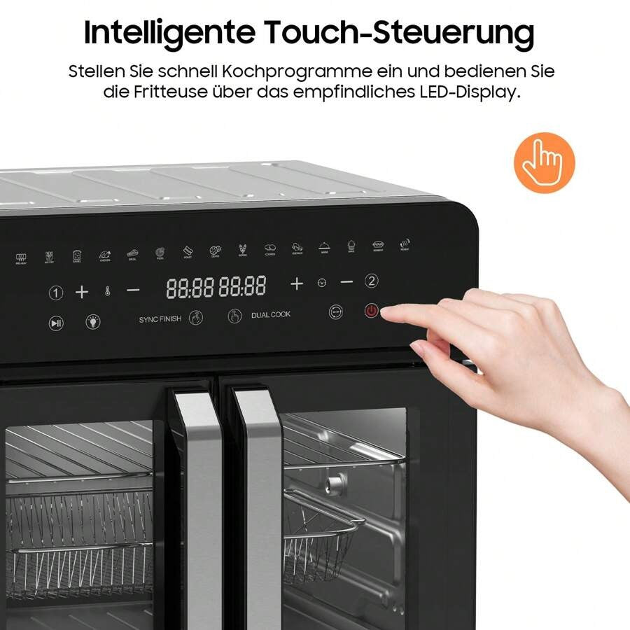 iceagle Friggitrice ad aria calda iceagle 23L Doppia Zona - Friggitrice ad aria XXL con porta francese | Forno friggitrice ad aria calda con doppia camera, 15 programmi, 2200 W, 12 accessori, divisorio rimovibile