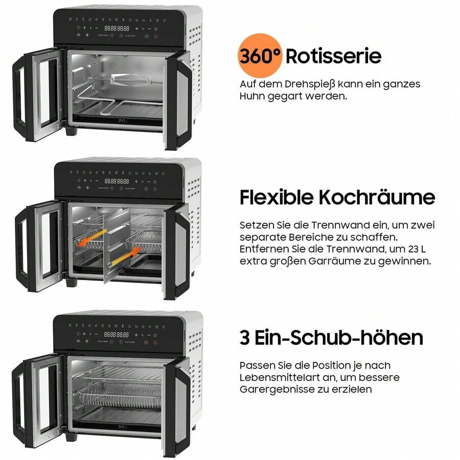 iceagle Friggitrice ad aria calda iceagle 23L Doppia Zona - Friggitrice ad aria XXL con porta francese | Forno friggitrice ad aria calda con doppia camera, 15 programmi, 2200 W, 12 accessori, divisorio rimovibile