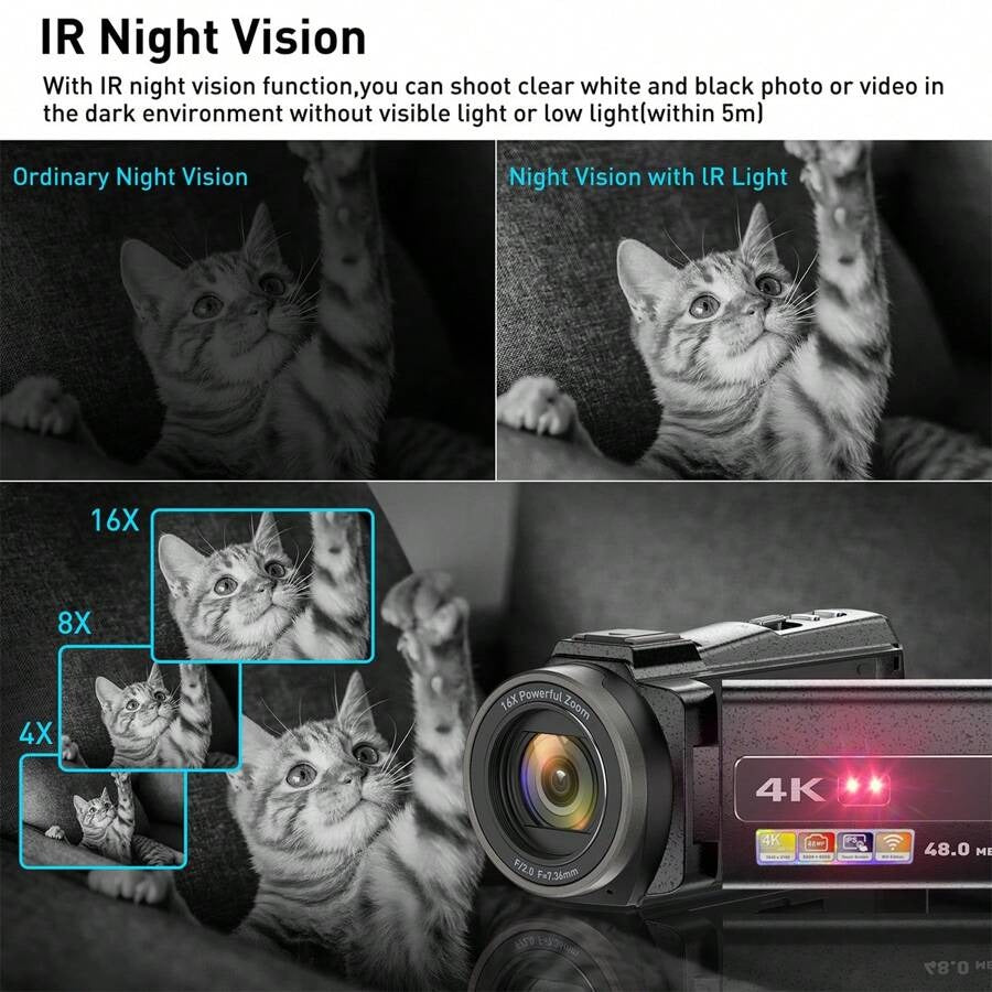 Nicamery Telecamera video 4K 48.0MP, fotocamera con display IPS da 3.0", schermo touch capacitivo, rotazione 270°, trasferimento Wi-Fi, zoom digitale 16X, luce di riempimento IR, microfono, telecomando e 2 batterie
