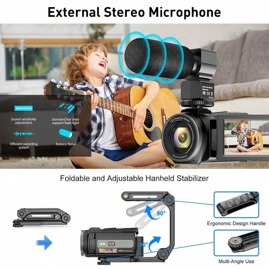 Nicamery Telecamera video 4K 48.0MP, fotocamera con display IPS da 3.0", schermo touch capacitivo, rotazione 270°, trasferimento Wi-Fi, zoom digitale 16X, luce di riempimento IR, microfono, telecomando e 2 batterie