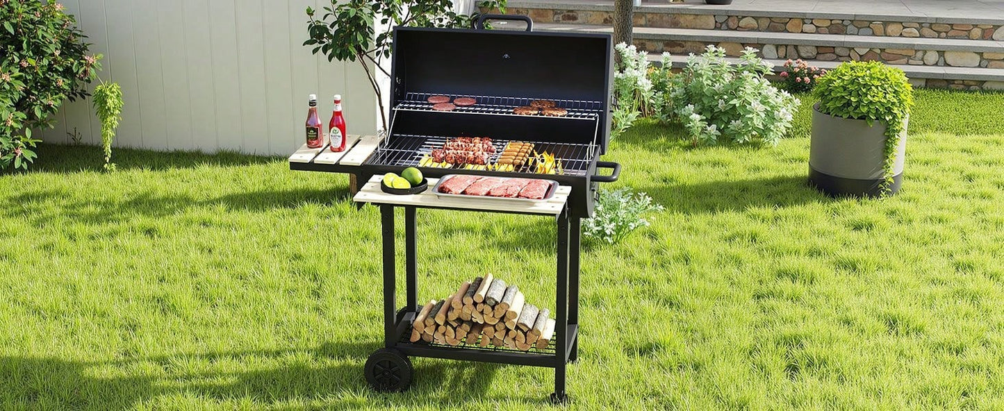 Barbecue a carbone portatile L, Griglia con vassoio per carbone regolabile in altezza e termometro per feste, campeggio, patio e giardino. Inclusi utensili da cucina