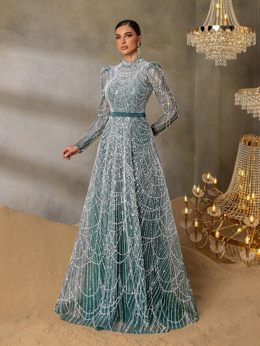 Faeriesty Abito da sera elegante con collo alto, maniche lunghe e linea ad A, decorato con perline e paillettes, adatto per eventi formali, red carpet, matrimoni di lusso, banchetti di gala