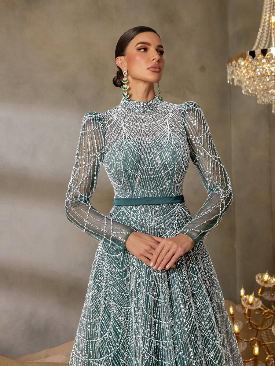 Faeriesty Abito da sera elegante con collo alto, maniche lunghe e linea ad A, decorato con perline e paillettes, adatto per eventi formali, red carpet, matrimoni di lusso, banchetti di gala
