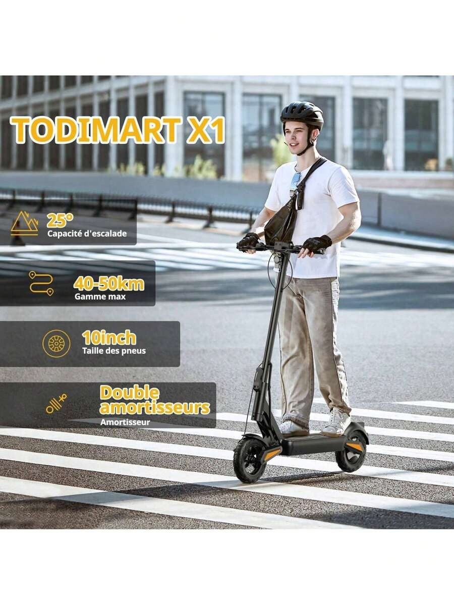 Todimart Monopattino elettrico TODIMART X1 per adulti, motore brushless da 600 W, batteria da 48 V 10,4 Ah, autonomia massima 40-50 km, pneumatici fuoristrada da 10 pollici in grado di superare pendenze di 25°