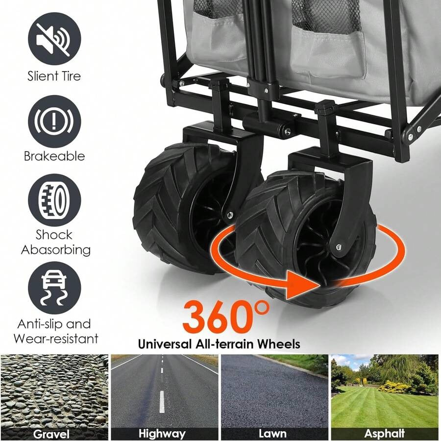 Carrello a mano di grande capacità da 262 litri, carrello da giardino pieghevole, 113 kg, carrello da trasporto per spiaggia con ruote fuoristrada, con portabicchieri e asta telescopica