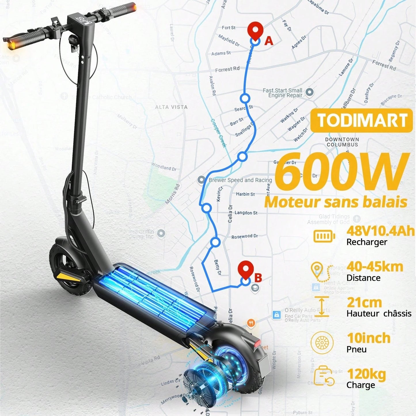 Todimart Monopattino elettrico TODIMART X1 per adulti, motore brushless da 600 W, batteria da 48 V 10,4 Ah, autonomia massima 40-50 km, pneumatici fuoristrada da 10 pollici in grado di superare pendenze di 25°