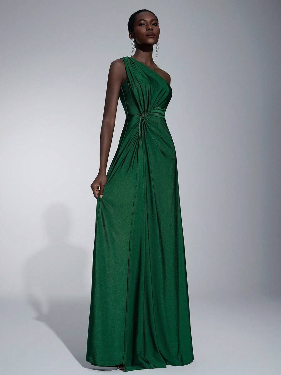 Elitara Vestito ampio da damigella d'onore in tessuto maglia verde, romantico ed elegante, a una spalla