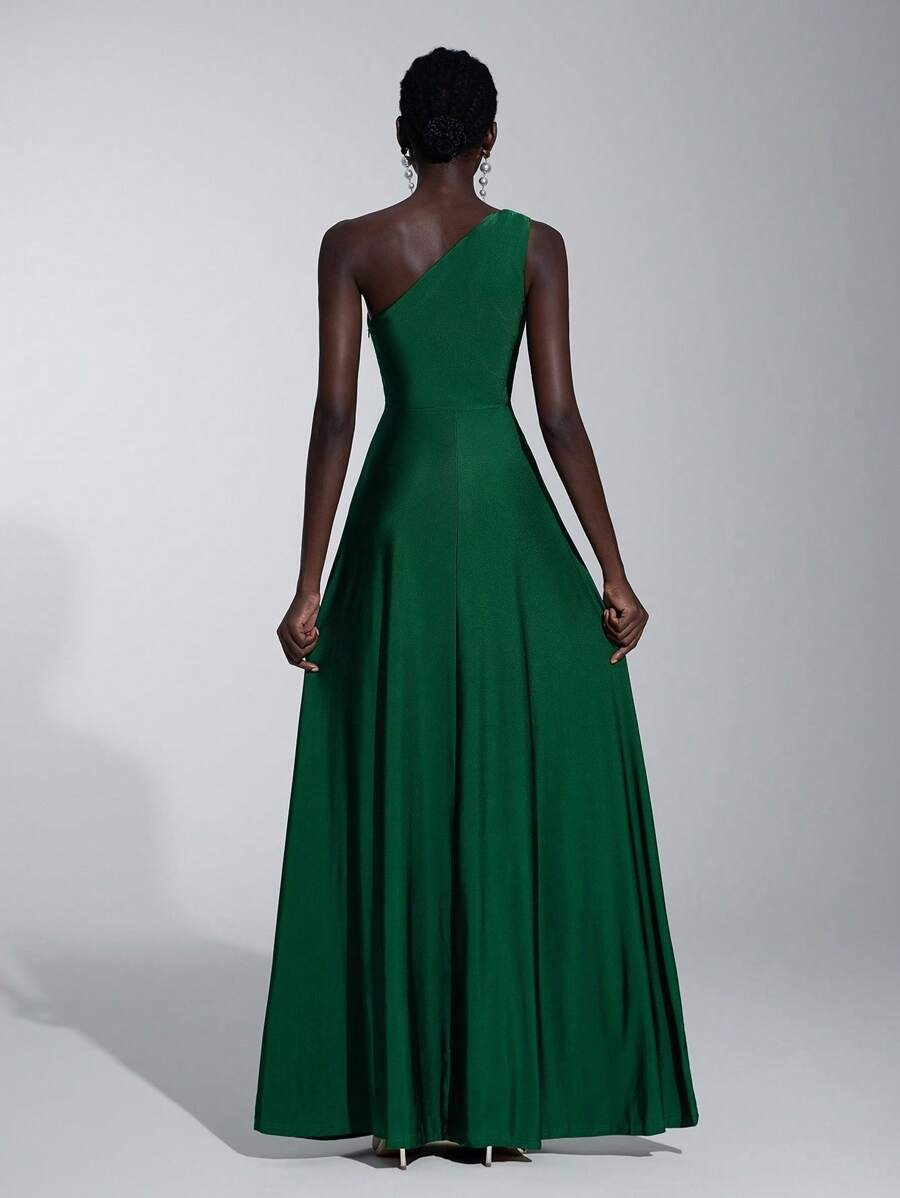 Elitara Vestito ampio da damigella d'onore in tessuto maglia verde, romantico ed elegante, a una spalla