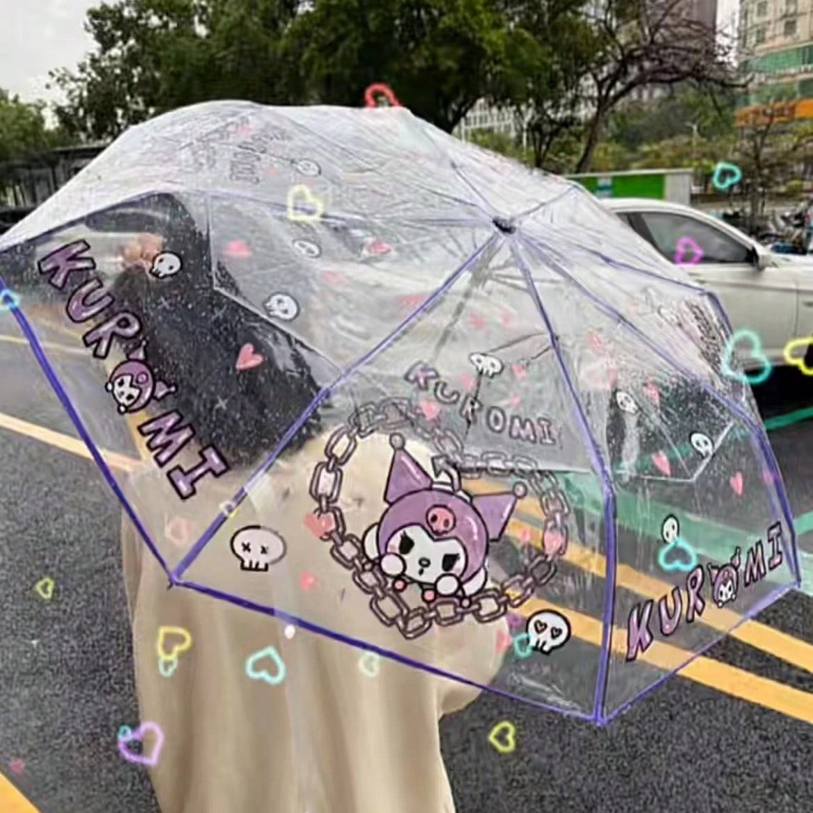 Ombrello pieghevole trasparente portatile carino con personaggi dei cartoni animati Sanrio Hello Kitty e Kuromi, ombrello manuale pieghevole Jade Guigou Melody Sanrio adatto per sole, pioggia, come regalo, accessorio da esterno