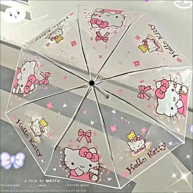 Ombrello pieghevole trasparente portatile carino con personaggi dei cartoni animati Sanrio Hello Kitty e Kuromi, ombrello manuale pieghevole Jade Guigou Melody Sanrio adatto per sole, pioggia, come regalo, accessorio da esterno