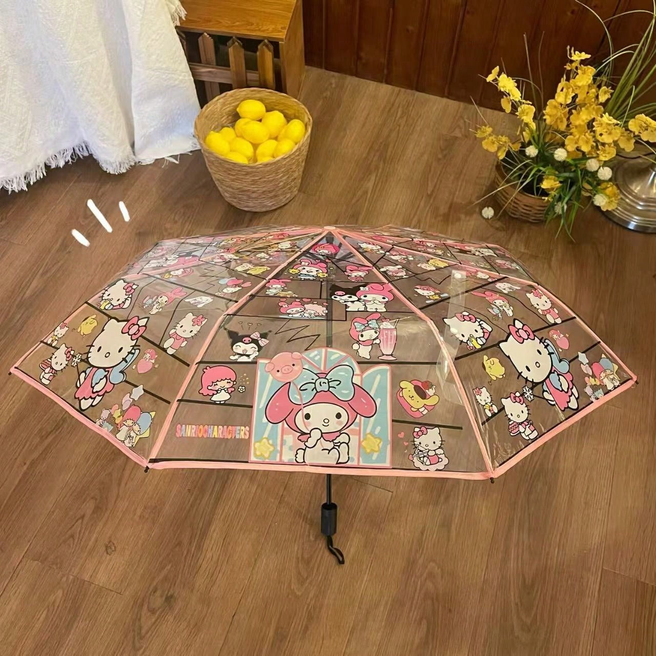 Ombrello pieghevole trasparente portatile carino con personaggi dei cartoni animati Sanrio Hello Kitty e Kuromi, ombrello manuale pieghevole Jade Guigou Melody Sanrio adatto per sole, pioggia, come regalo, accessorio da esterno