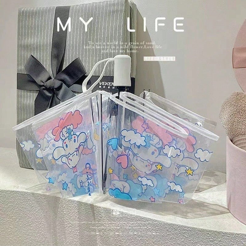 Ombrello pieghevole trasparente portatile carino con personaggi dei cartoni animati Sanrio Hello Kitty e Kuromi, ombrello manuale pieghevole Jade Guigou Melody Sanrio adatto per sole, pioggia, come regalo, accessorio da esterno