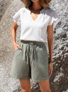 EMERY ROSE Pantaloncini casual estivi in cotone da donna con vita elastica, orlo arricciato, tasche oblique, colore verde