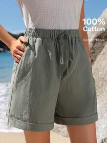 EMERY ROSE Pantaloncini casual estivi in cotone da donna con vita elastica, orlo arricciato, tasche oblique, colore verde
