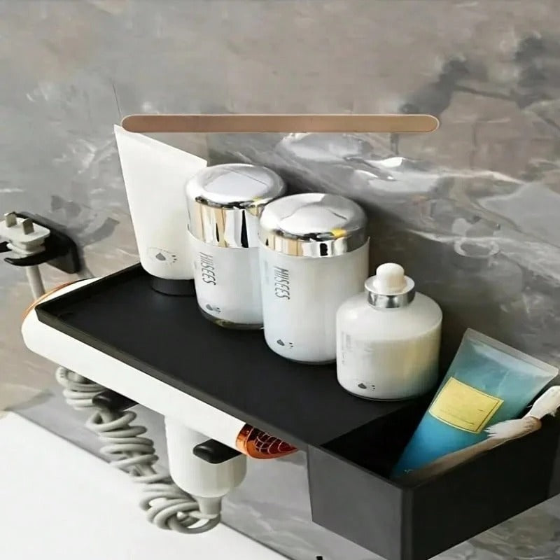 Supporto a parete per asciugacapelli, in materiale plastico, supporto a mani libere per asciugacapelli, rastrelliera per riposizionamento dell'asciugacapelli in bagno, organizer per asciugacapelli montato a parete su un lato, accessorio salvaspazio