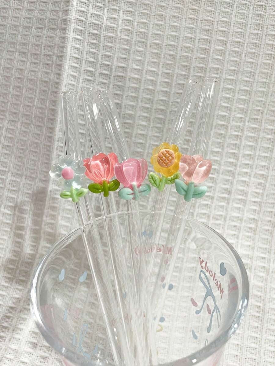 1/2 pezzi di cannucce in vetro resistente al calore decorate con fiori, adatte per bere succhi di frutta, tè al latte, caffè, bevande fredde, con design curvo e decorazione a forma di frutta