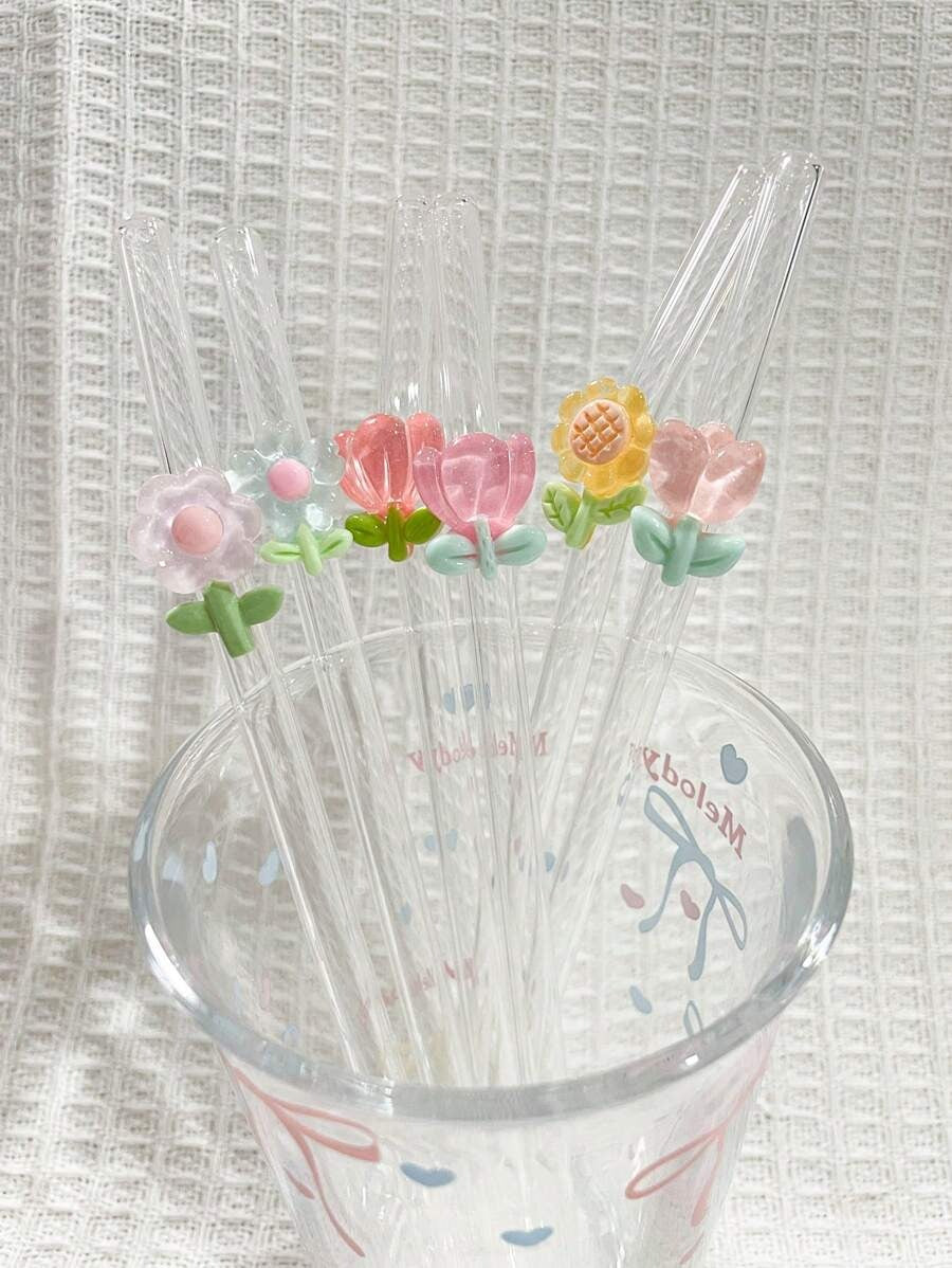 1/2 pezzi di cannucce in vetro resistente al calore decorate con fiori, adatte per bere succhi di frutta, tè al latte, caffè, bevande fredde, con design curvo e decorazione a forma di frutta