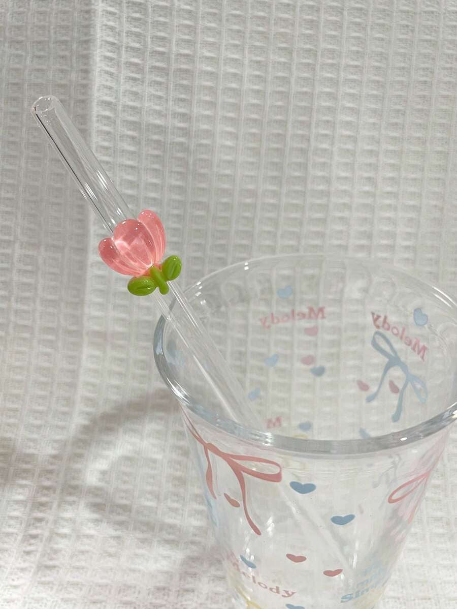 1/2 pezzi di cannucce in vetro resistente al calore decorate con fiori, adatte per bere succhi di frutta, tè al latte, caffè, bevande fredde, con design curvo e decorazione a forma di frutta