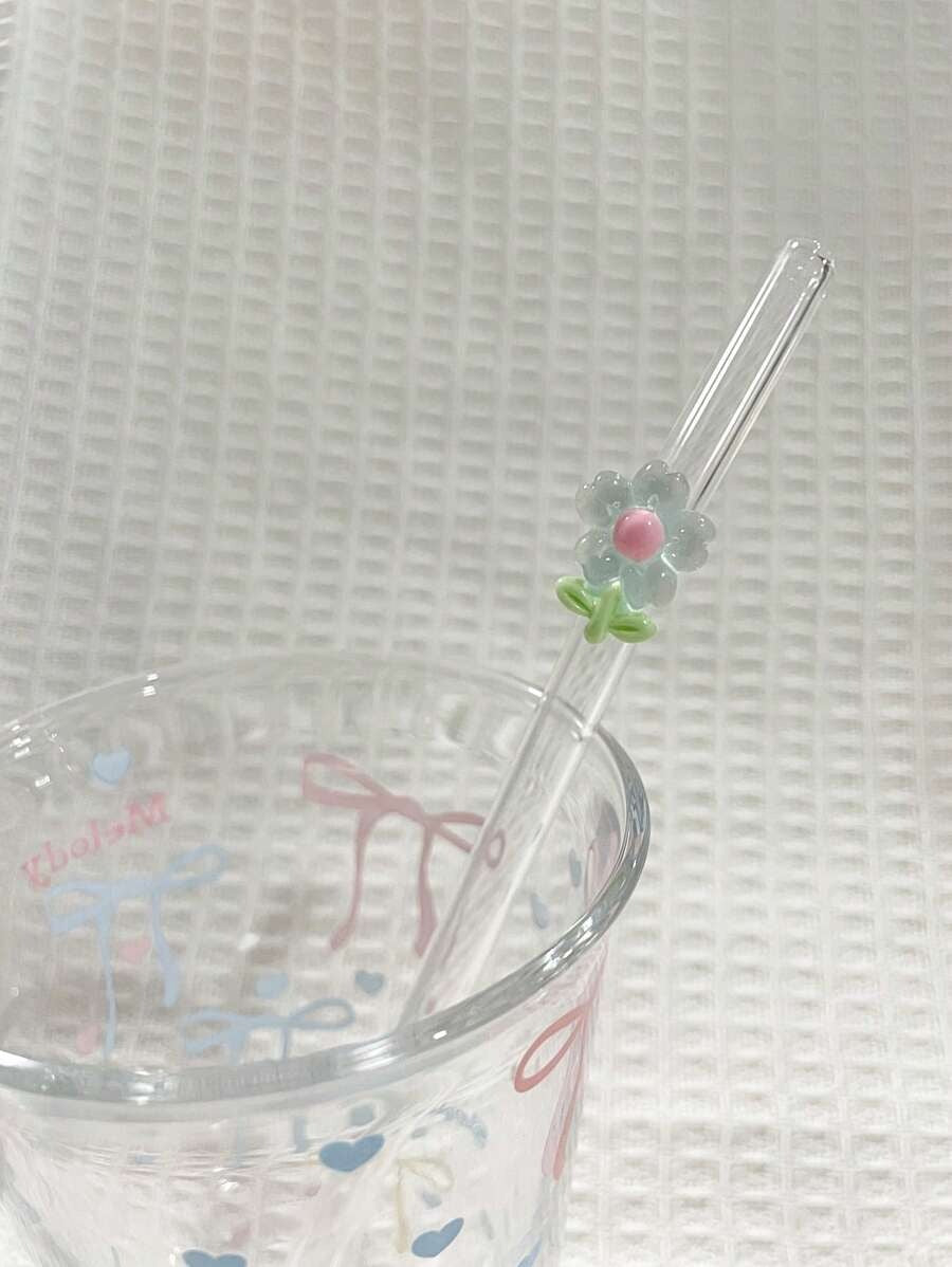 1/2 pezzi di cannucce in vetro resistente al calore decorate con fiori, adatte per bere succhi di frutta, tè al latte, caffè, bevande fredde, con design curvo e decorazione a forma di frutta